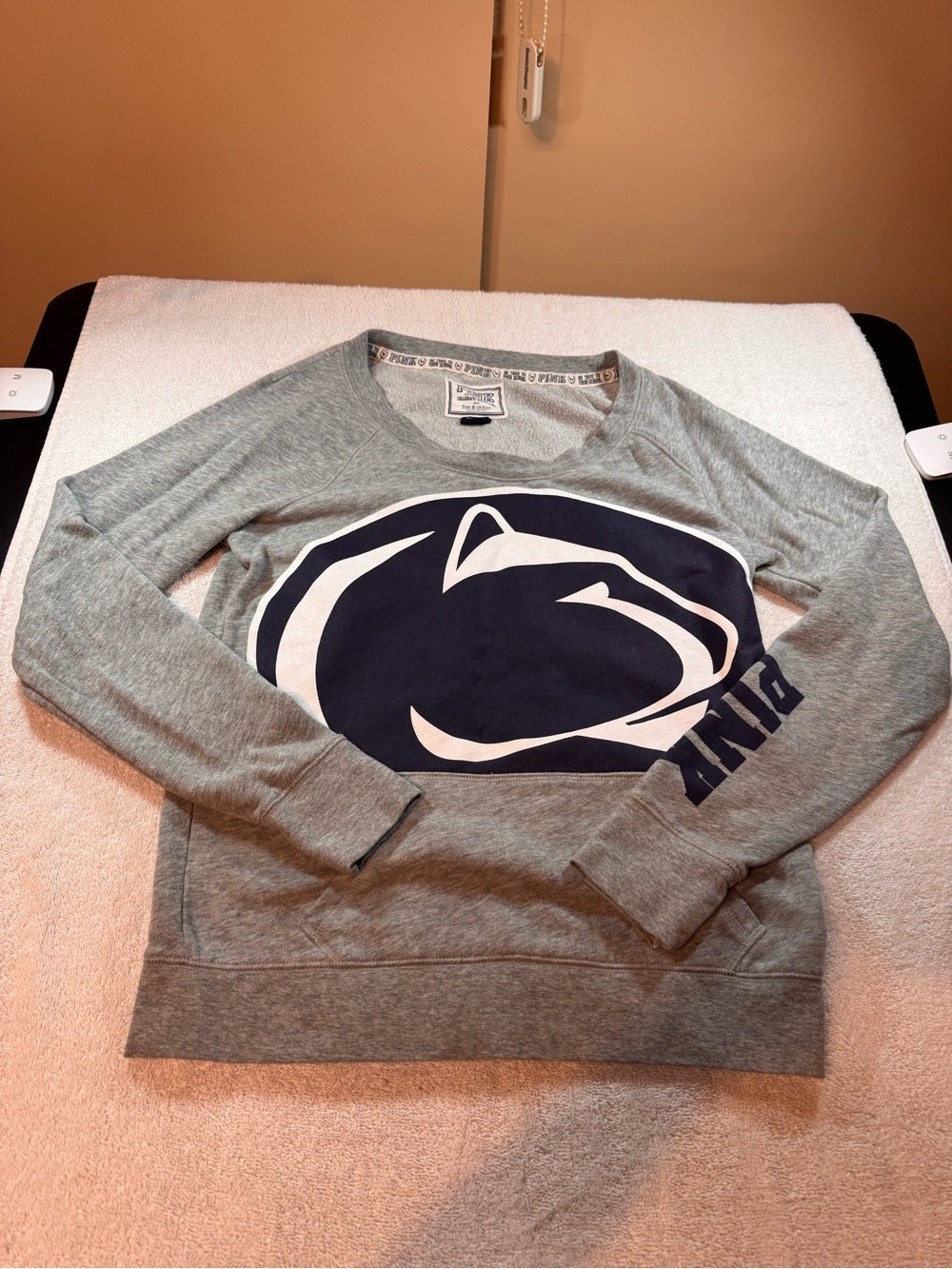 Victoria's Secret Pink Gray Crewneck Sweatshirt with Navy Penn State Logo.